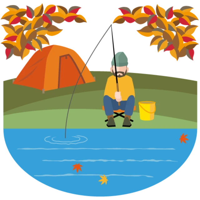 a man fishing in a lake with a tent in the background, an illustration of, the fall season, on a flat color black background, drawn in microsoft paint, symmetrical