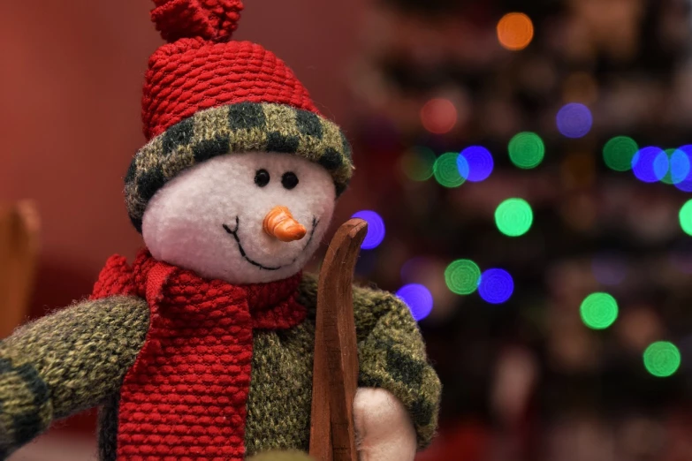 a close up of a snowman wearing a hat and scarf, a portrait, inspired by Ernest William Christmas, pexels, figuration libre, toy photo, christmas night, no words 4 k, cute:2