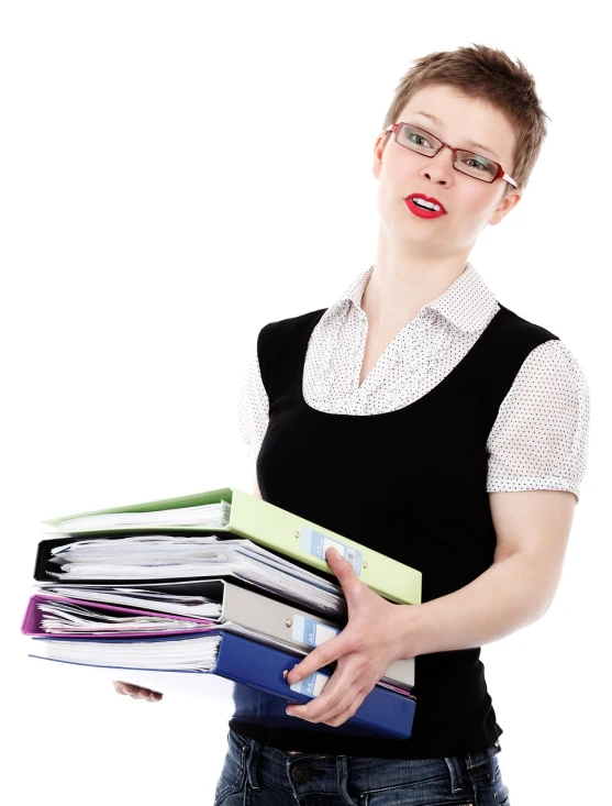 a woman in glasses holding a stack of books, piles of paperwork, productphoto, wearing black vest and skirt, white bg