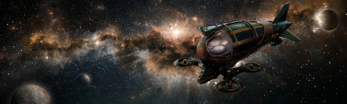 a space ship flying through a galaxy filled with stars, inspired by Johfra Bosschart, steampunk fiction, octopus wearing a spacesuit, photobashing, giant aztec spaceship