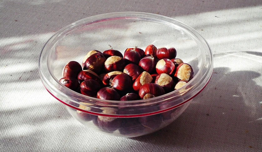 a plastic container filled with nuts on top of a table, a photo, inspired by Masamitsu Ōta, brown red and gold ”, photorealism. trending on flickr, bowl of fruit, france