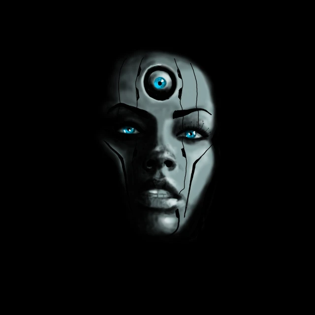 a close up of a person's face with blue eyes, cyberpunk art, inspired by Eve Ryder, deviantart, afrofuturism, female cyborg black silhouette, cyberpunk iron man, avatar image, hybrid human/tank