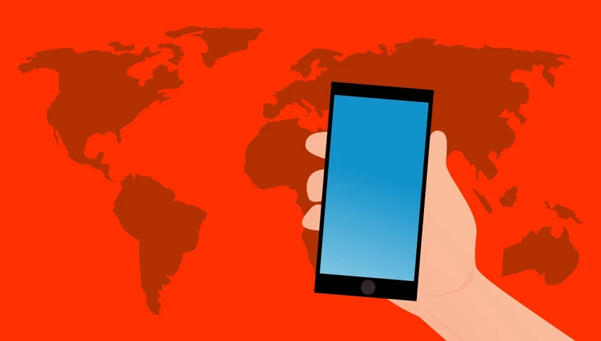 a hand holding a smart phone with a world map in the background, by Barron Storey, pixabay, modernism, plain red background, orange backgorund, holding a very advance phone, operation