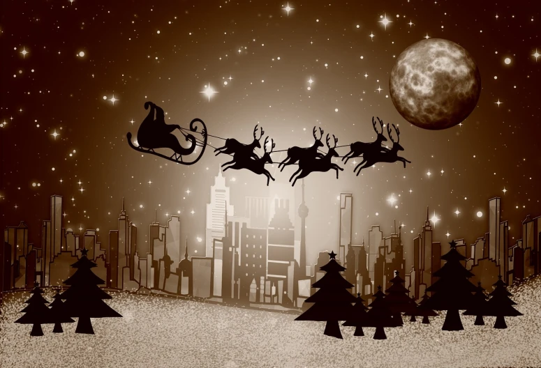 a black and white photo of santa's sleigh flying over a city, an illustration of, sepia photography, elves, photo photo, an illustration