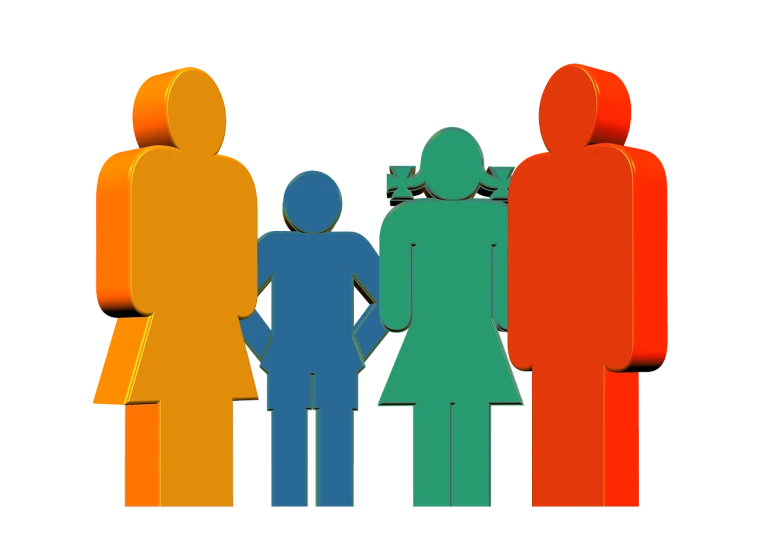 a group of people standing next to each other, a digital rendering, by Ingrida Kadaka, pixabay, family friendly, complementary colours, with a black background, information