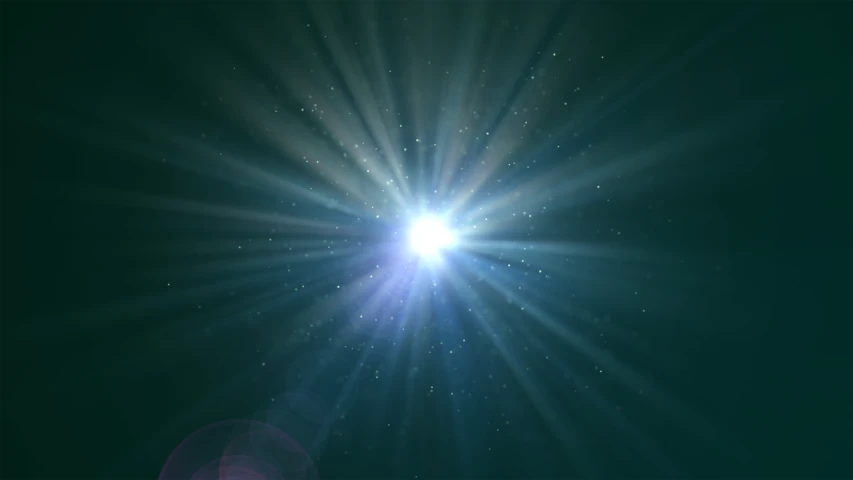 a bright light shines brightly on a dark background, shutterstock, ray traced sun light, blue and green light, multiple stars visible, with beautiful volumetric light