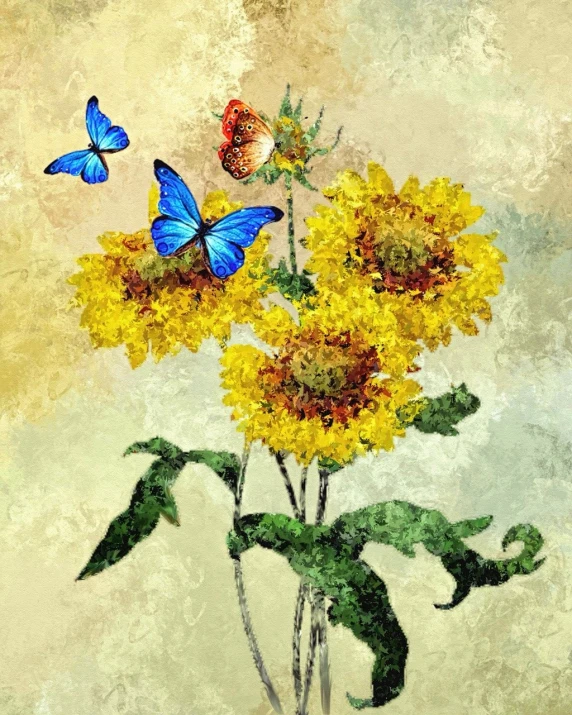 a painting of sunflowers and butterflies in a vase, a digital painting, inspired by Vincent Di Fate, romanticism, background yellow and blue, chinese painting style, pressed flowers, swallowtail butterflies