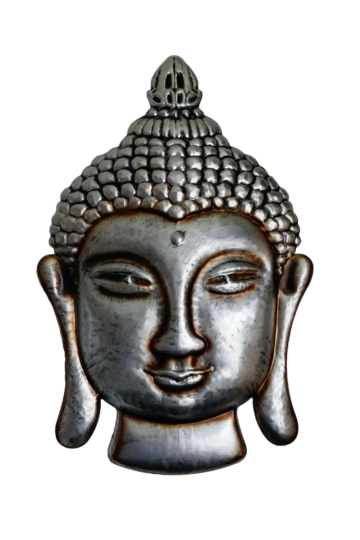 a close up of a buddha statue on a black background, cloisonnism, symmetrical long head, made out of shiny silver, detailed product photo