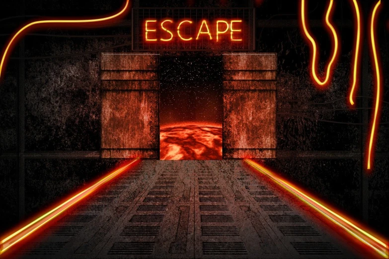 there is a neon sign that says escape, concept art, shutterstock, red glowing streams of lava, gateway to another dimension, prison background, stock photo