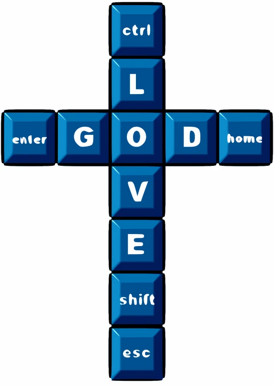 a cross with the word love spelled on it, an illustration of, dada, the computer gods ascend, building blocks, blues, sweet home