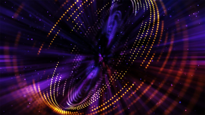 a close up of a clock on a dark background, digital art, galactic yellow violet colors, dancing lights, dots abstract, torus energy