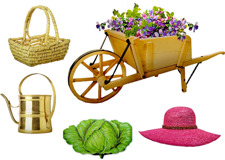 a wheelbarrow, a basket of flowers, a watering can, and a hat, a digital rendering, by Susan Heidi, trending on pixabay, renaissance, bags, lettuce, super detail of each object, header