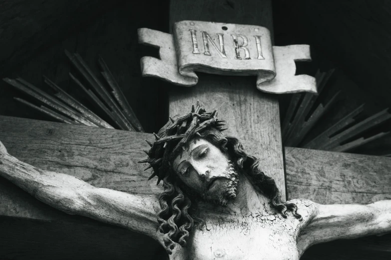 a black and white photo of jesus on the cross, pexels, inside a tomb, istockphoto, with an intricate, german