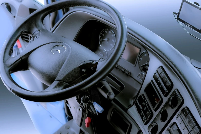 a close up of a steering wheel on a bus, a digital rendering, by Thomas Bock, shutterstock, realism, mercedes, truck, highly detailed product photo