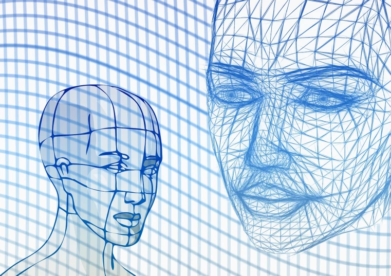 a drawing of a man's face next to a drawing of a woman's face, digital art, by Julian Allen, shutterstock, digital art, biometric humanoid robot, wireframe, blue head, face photo