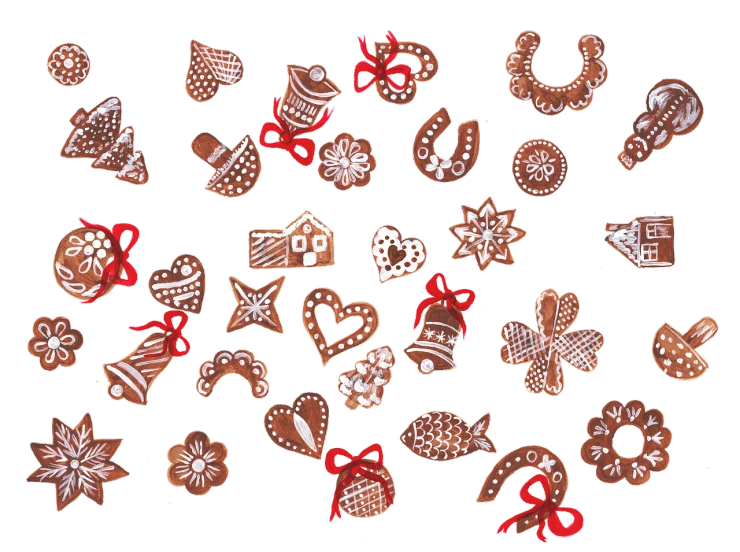 a bunch of cookies sitting on top of a table, by Sigrid Hjertén, folk art, on black background, with lots of thin ornaments, 8k!, set 1 8 6 0