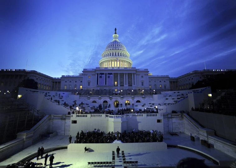 a crowd of people standing in front of a building, by Jon Coffelt, flickr, happening, capitol building, mini amphitheatre, lit in a dawn light, ceremony