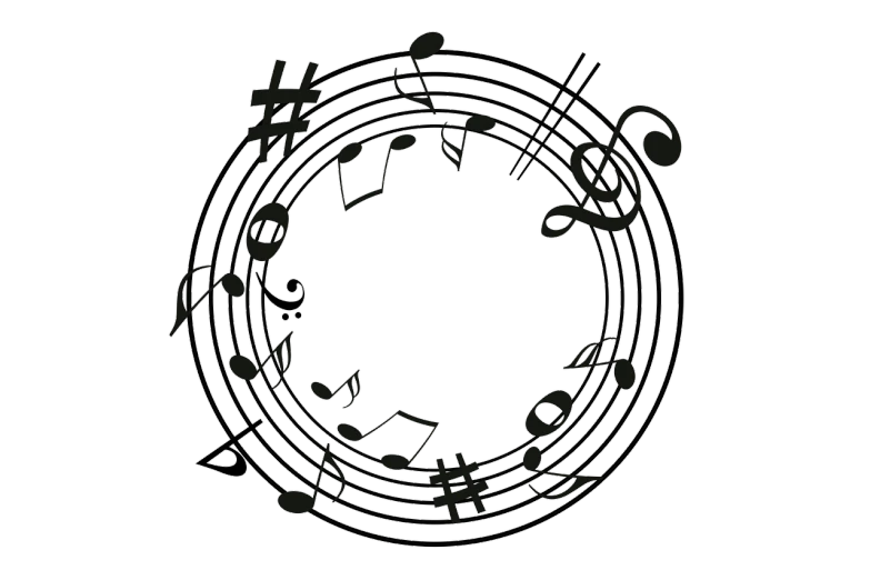 a circle of musical notes on a black background, an album cover, ascii art, ( ( dithered ) ), no background and shadows, ello, fantasy!!!