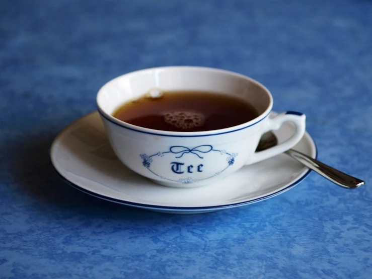 a cup of tea on a saucer with a spoon, a portrait, flickr, with a blue background, denmark, umineko, t-top