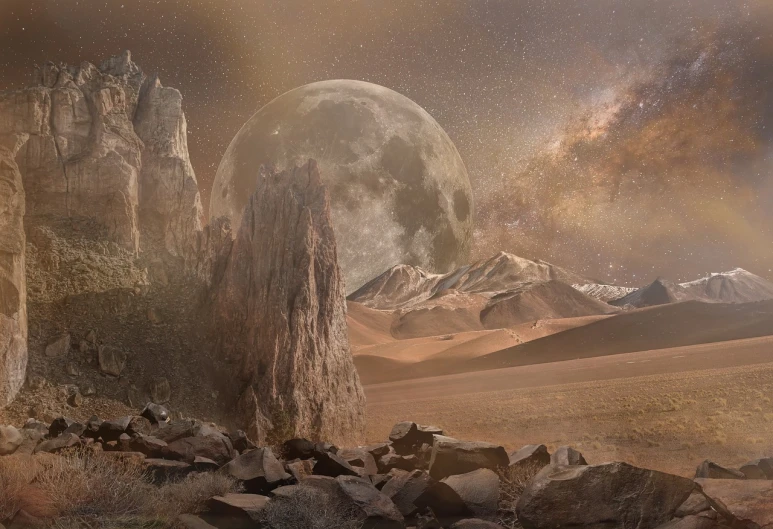 a large rock formation in the middle of a desert, a matte painting, space art, sandy white moon landscape, great digital art with details, big moon in the background, another world