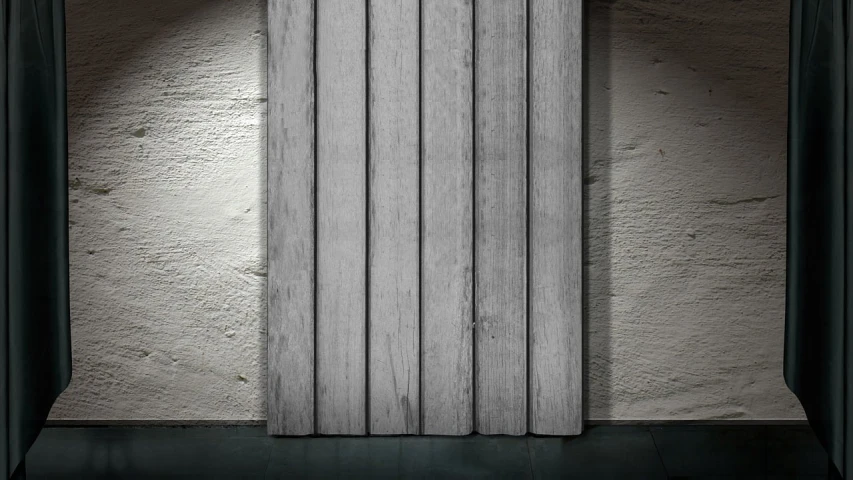 a black and white photo of a wooden door, an ambient occlusion render, inspired by Agnes Martin, dark textured background, 3 d render even lit, aged photo, concrete _ wall ) ]