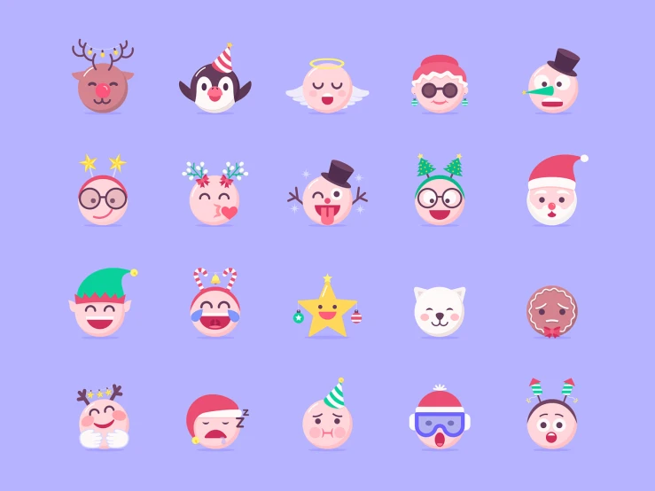 a set of christmas emoticions on a blue background, a picture, shutterstock, mingei, flat color, 2 people, 2 5 yo, fantasy sticker illustration
