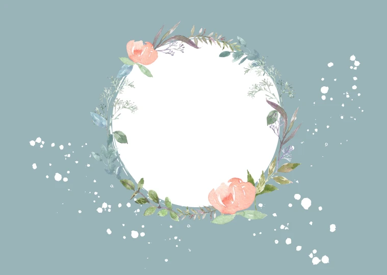 a round frame with flowers and leaves on a blue background, romanticism, gushy gills and blush, background is white and blank, listing image, snowy