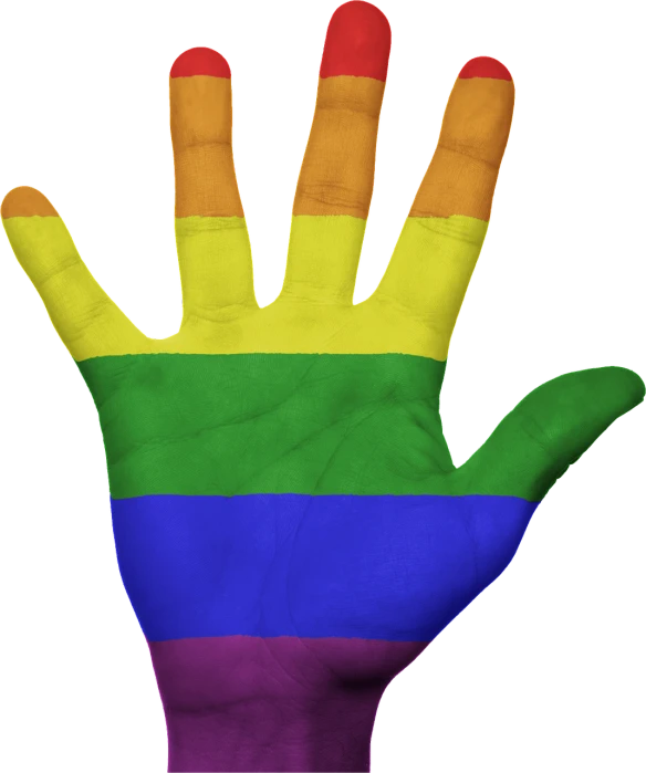 a person's hand with a rainbow painted on it, bauhaus, homoerotic!!, very accurate photo, 5d, palm body