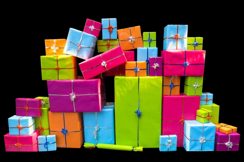 a pile of colorful wrapped presents sitting on top of each other, a digital rendering, by Alice Mason, shutterstock, on black background, !!beautiful!!, full of colour 8-w 1024, postage