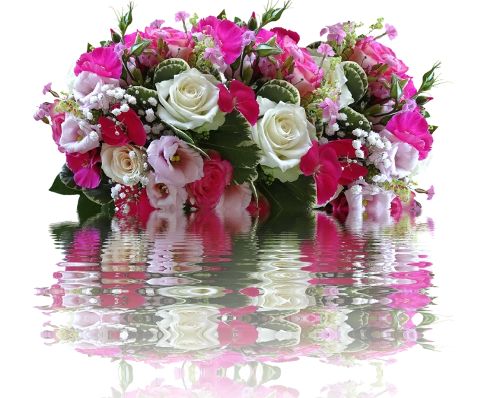 a vase filled with lots of pink and white flowers, a digital rendering, inspired by Jan Henryk Rosen, pixabay, romanticism, water mirrored water, portal made of roses, beautiful!!!!!!!!!!!!, floating bouquets