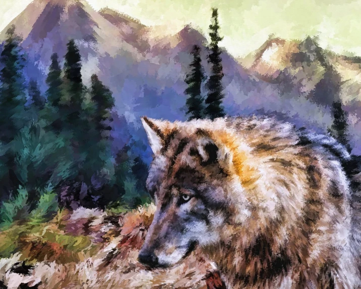 a painting of a wolf in the wilderness, a digital painting, detailed impasto, mountains on the background, painting style, looking left