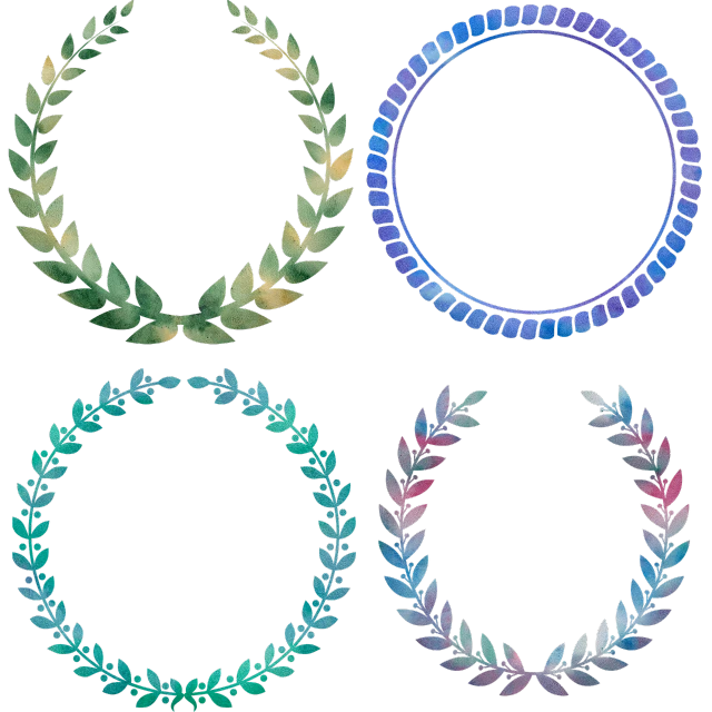 four different colored wreaths on a black background, inspired by Lubin Baugin, computer art, highly detailed water colour 8 k, in laurel wreath, jewelry iridescent, black blue green