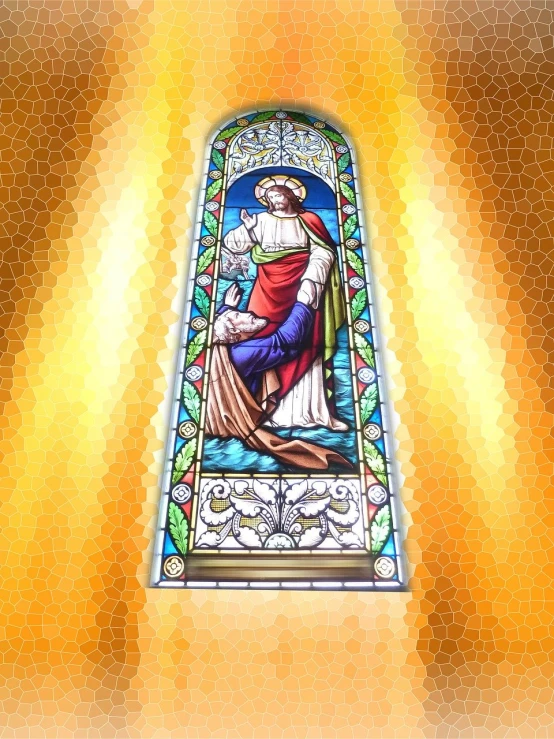 a stained glass window with a picture of jesus on it, a mosaic, art nouveau, hdr photo, rendering, high detail photo, full length photo