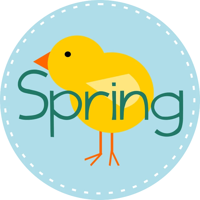 a yellow bird standing on top of a blue circle, a picture, spring theme, word, sprong season, clip art