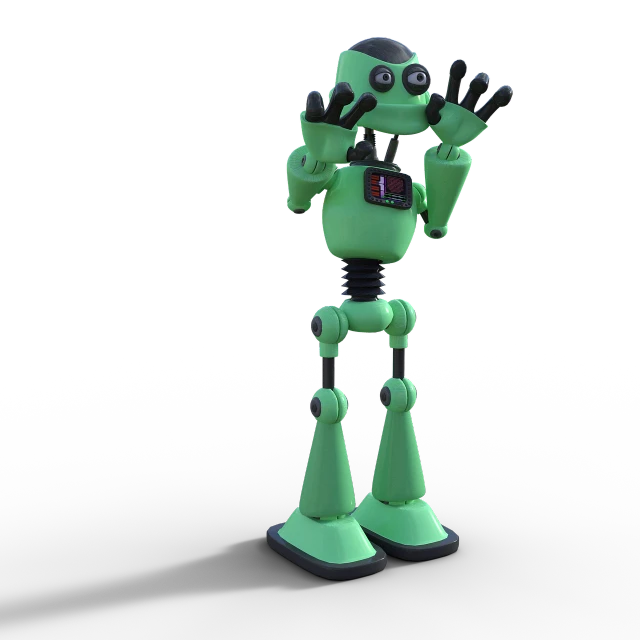 a green robot standing in front of a black background, a 3D render, inspired by Goro Fujita, 5 fingers). full body realistic, invader zim, low quality 3d model, waving