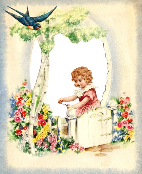 a painting of a little girl feeding a bird, a storybook illustration, inspired by Margaret Brundage, vintage frame window, 1978 cut out collage, 1940s photo, vignette illustration
