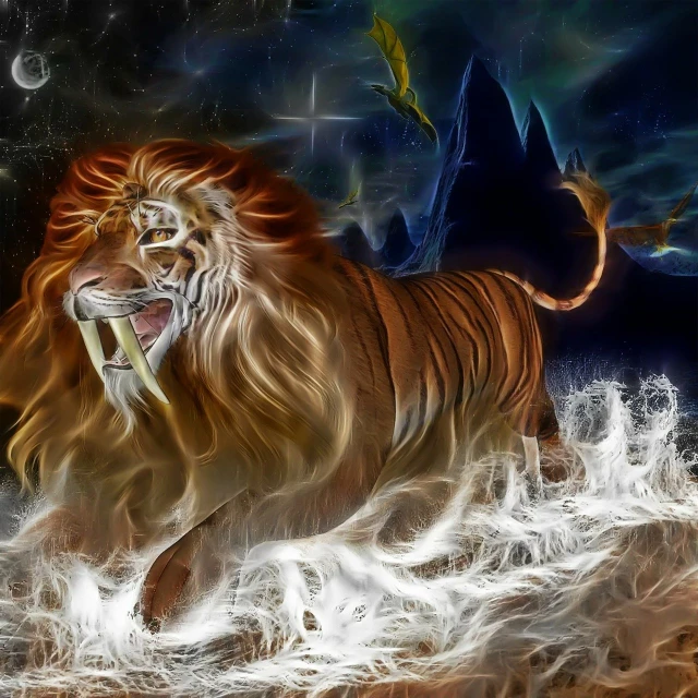 a digital painting of a lion in the water, digital art, by Zahari Zograf, pixabay contest winner, fantasy art, furious god zeus, !!!! cat!!!!, cosmic tiger, 3 0