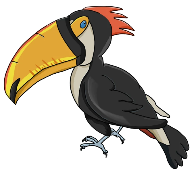 a black and white bird with a yellow beak, an illustration of, inspired by Charles Bird King, pixabay, cobra, toucan, cartoon style illustration, fully colored, detailed crow illustration