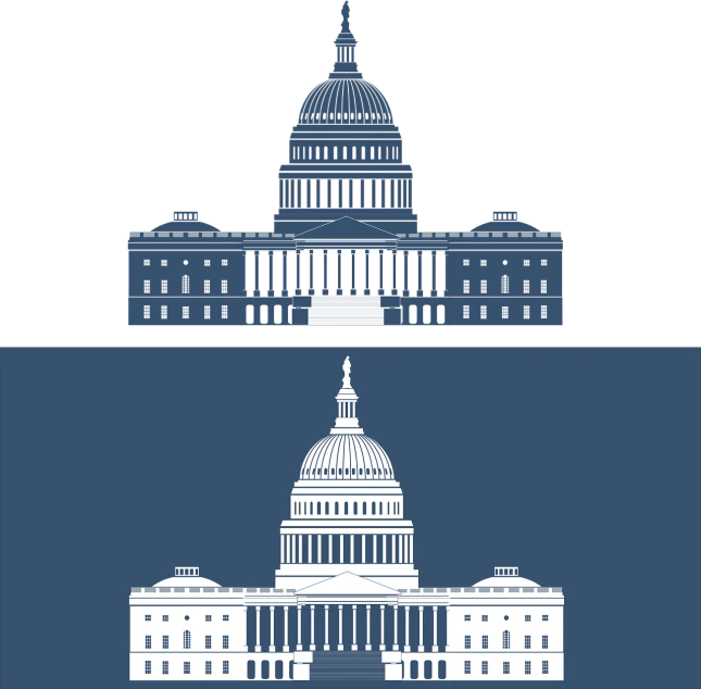 a picture of the united states capitol building, a digital rendering, 2 colors, simplified forms, half image, stark contrast