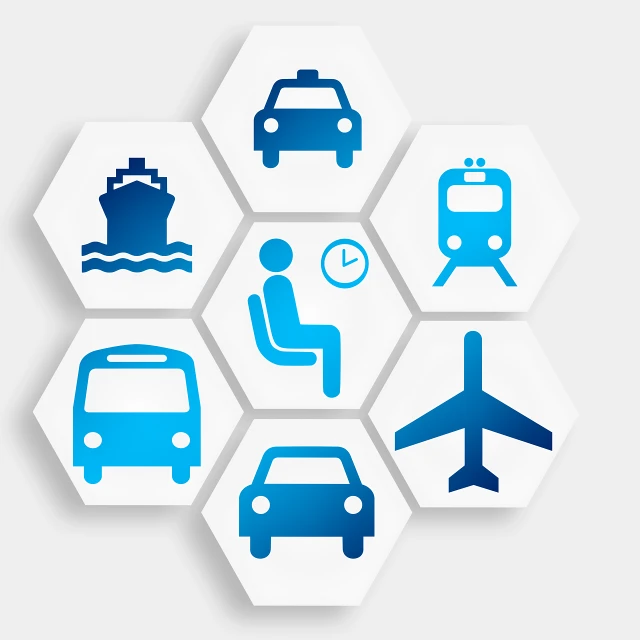 a bunch of different types of transportation icons, a picture, by Matt Cavotta, shutterstock, hexagonal, glowing blue interior components, white background, port