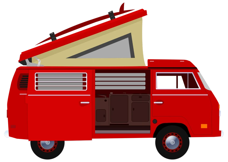 a red van with a surfboard on top of it, concept art, pixabay, conceptual art, soft top roof raised, cut-away, hippie pad, black and red only!!!