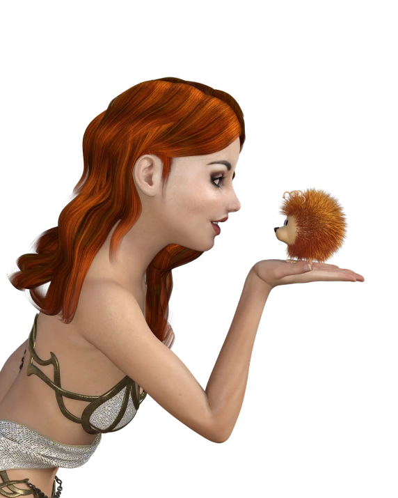 a woman holding a small hedge in her hand, a digital rendering, inspired by Alison Kinnaird, pop surrealism, anthropomorphic hedgehog, a redheaded young woman, 3 d models, kiss