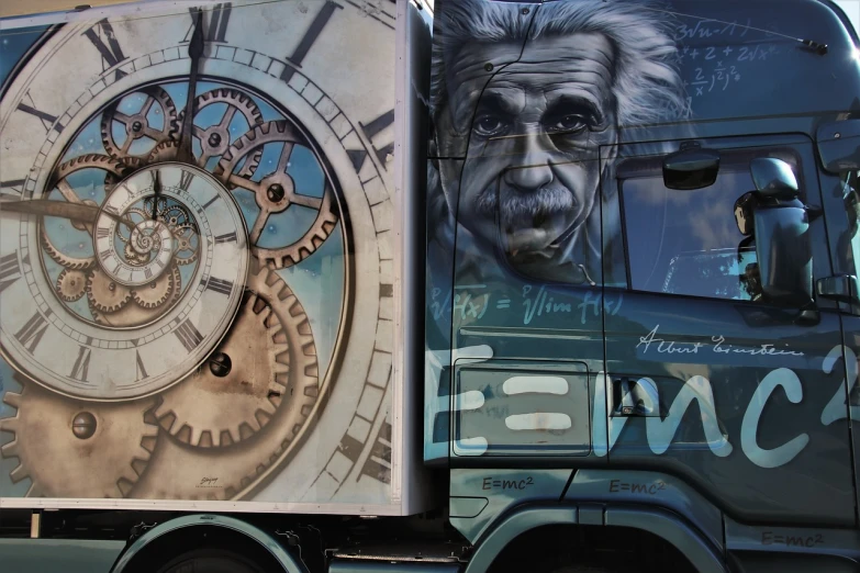 a truck with a clock painted on the side of it, an airbrush painting, by Edwin Georgi, street art, einstein, buses, close up high detailed, isaac newton