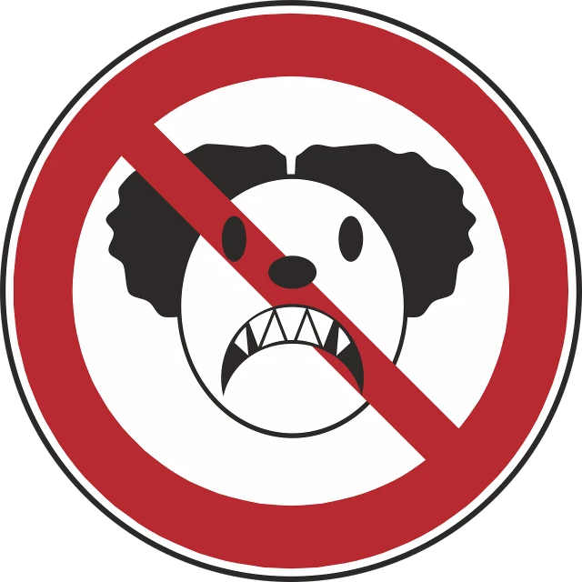 a red and white sign with a picture of a dog, a cartoon, inspired by Edo Murtić, neoplasticism, circle pit demons, no - text no - logo, all teeth, art depicting control freak