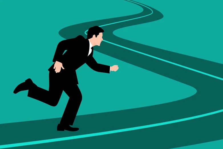 a man in a suit running on a winding road, an illustration of, trending on pixabay, digital art, wikihow illustration, actors, flat color, crossing the line