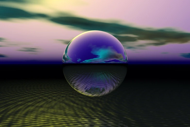 a sphere sitting on top of a body of water, flickr, digital art, at purple sunset, hdri lighting, abstract liquid, stunning screensaver