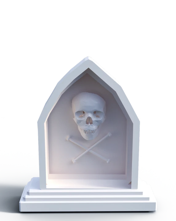 a white tombstone with a skull and crossbones on it, an ambient occlusion render, inspired by Pedro Álvarez Castelló, vanitas, porcelain holly herndon statue, inside the sepulchre, gothic building style, miniature porcelain model