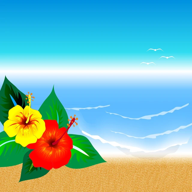a red and yellow flower sitting on top of a sandy beach, an illustration of, hibiscus, hironaka, wallpaper background, vacation
