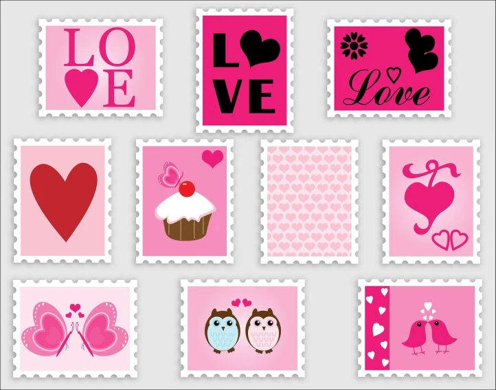 a collection of valentine's day stamps, vector art, trending on pixabay, mail art, y2k”, vibrant pink, psd spritesheet, cake