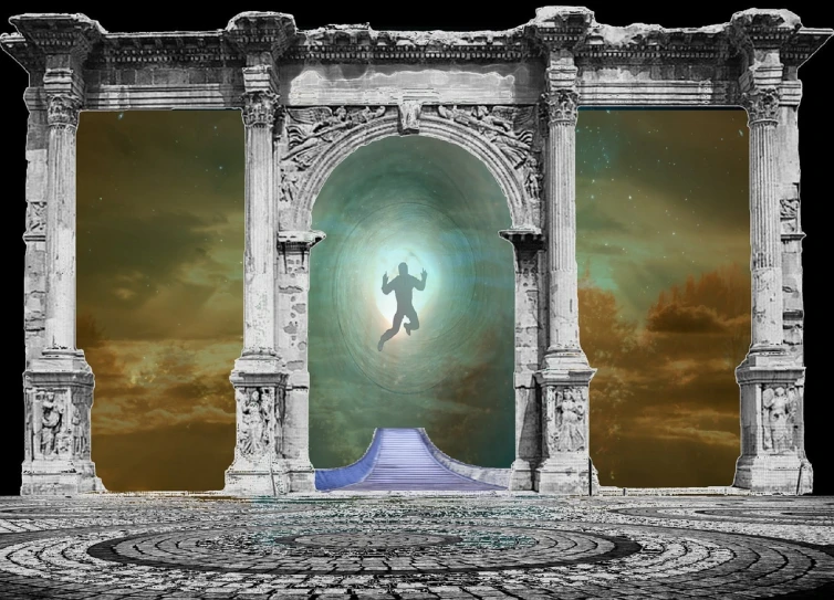 a man that is standing in front of a doorway, by Jon Coffelt, pixabay contest winner, surrealism, ishtar gate, jumping towards viewer, marble hole, infinite celestial library